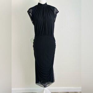 Chico's Black Ruched Mocked Neck Mesh Midi Dress Size 16/18